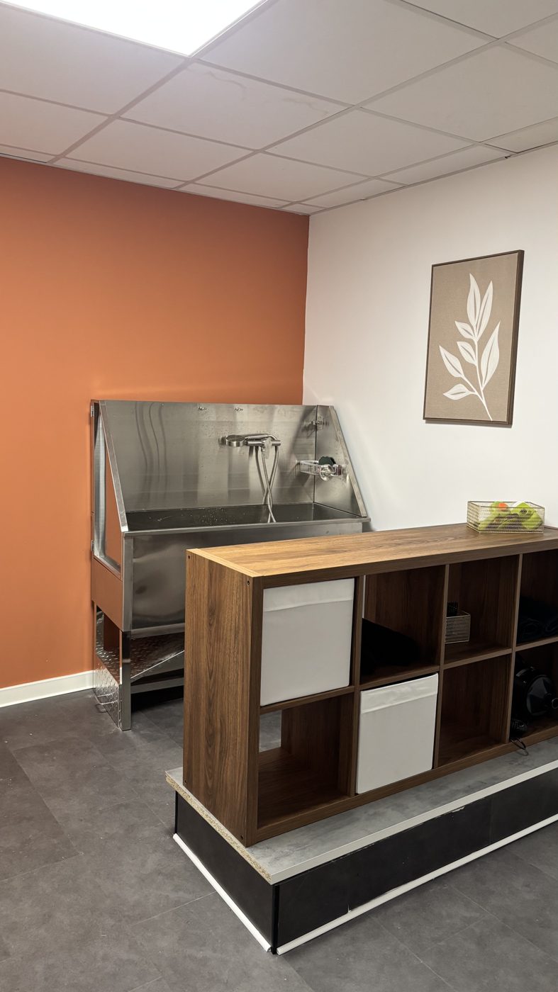 Espace Dog Wash de Woof Society avec baignoire inox et mur terracotta
